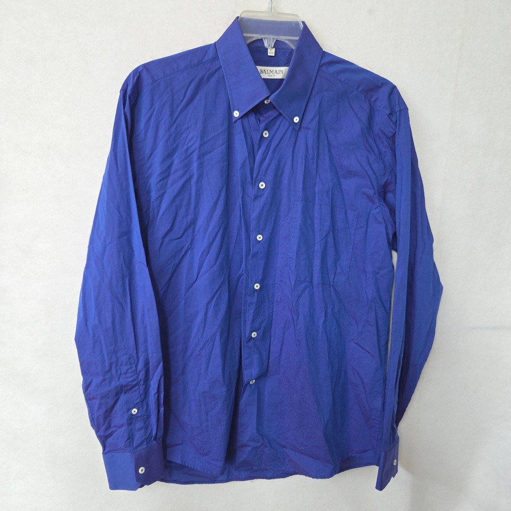 BALMAIN PARIS Mens Button Down Shirt Blue Cotton Long‎ Sleeve Dress Size L 41-42